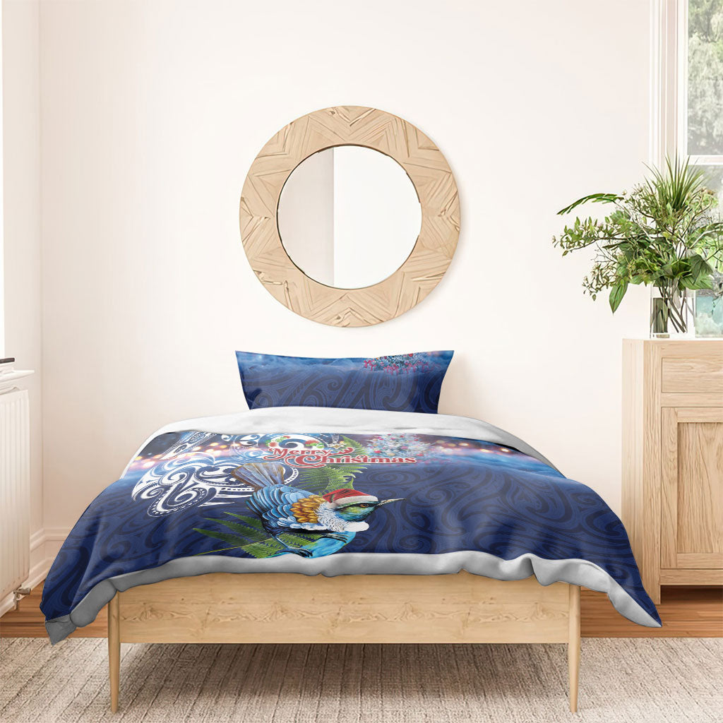 New Zealand Merry Christmas Bedding Set Maori Tribal Pattern with Xmas Tui Bird