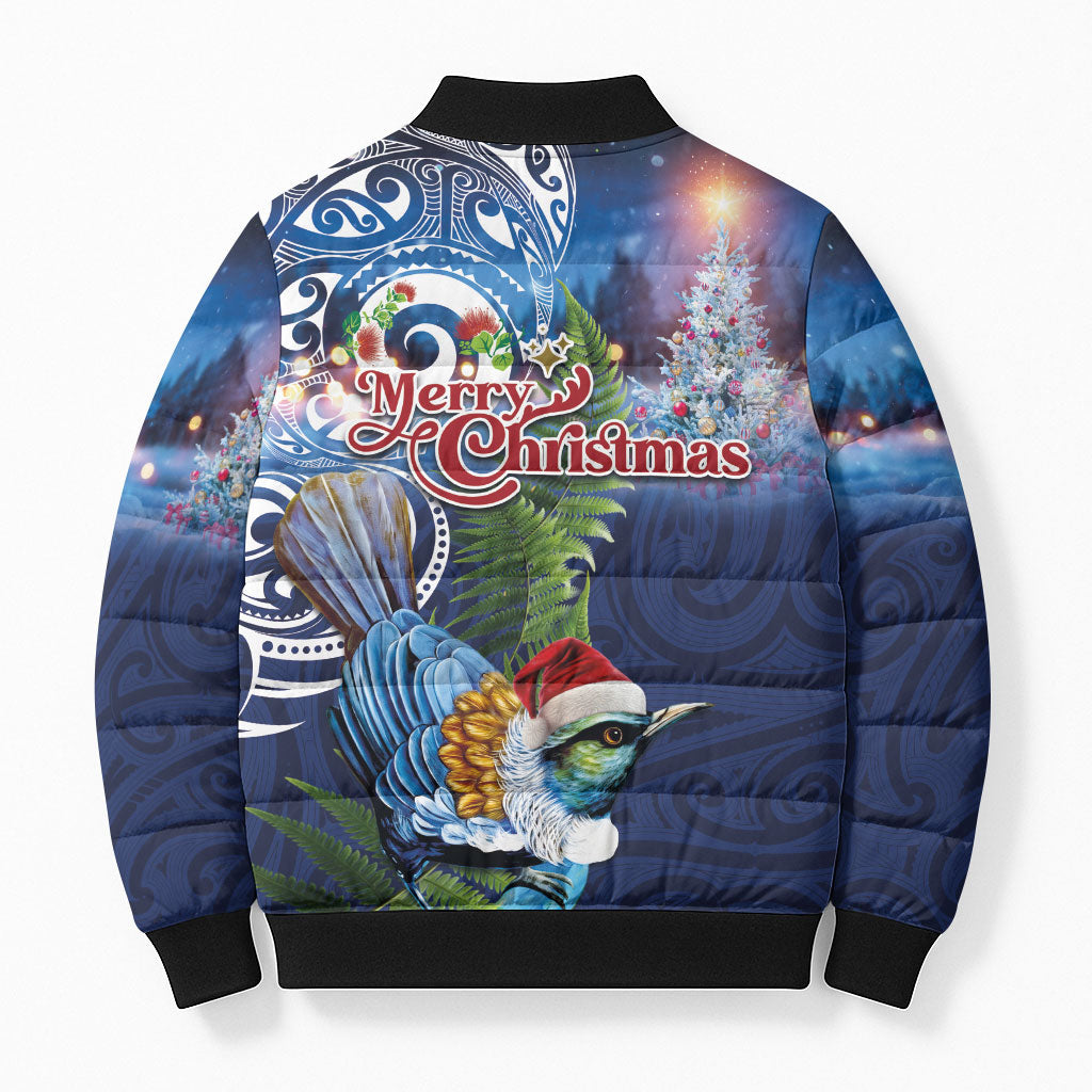 New Zealand Merry Christmas Bomber Puffer Jacket Maori Tribal Pattern with Xmas Tui Bird