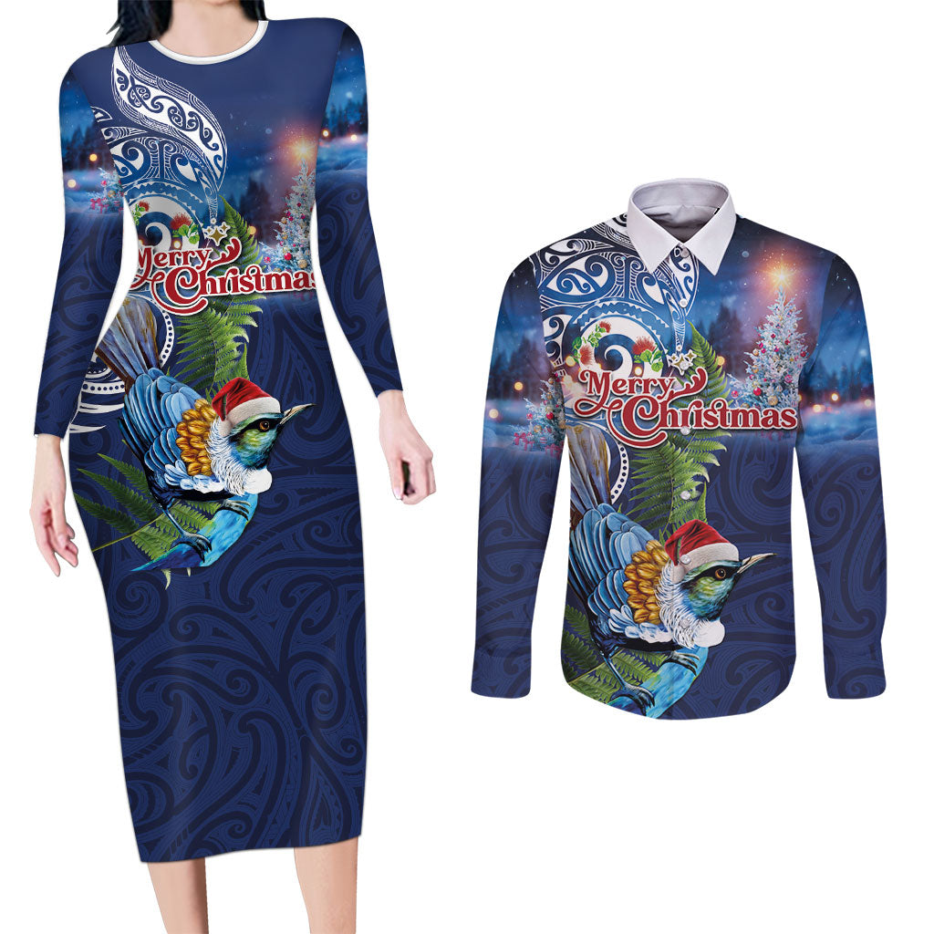 New Zealand Merry Christmas Couples Matching Long Sleeve Bodycon Dress and Long Sleeve Button Shirt Maori Tribal Pattern with Xmas Tui Bird LT03 Multicolor - Polynesian Pride