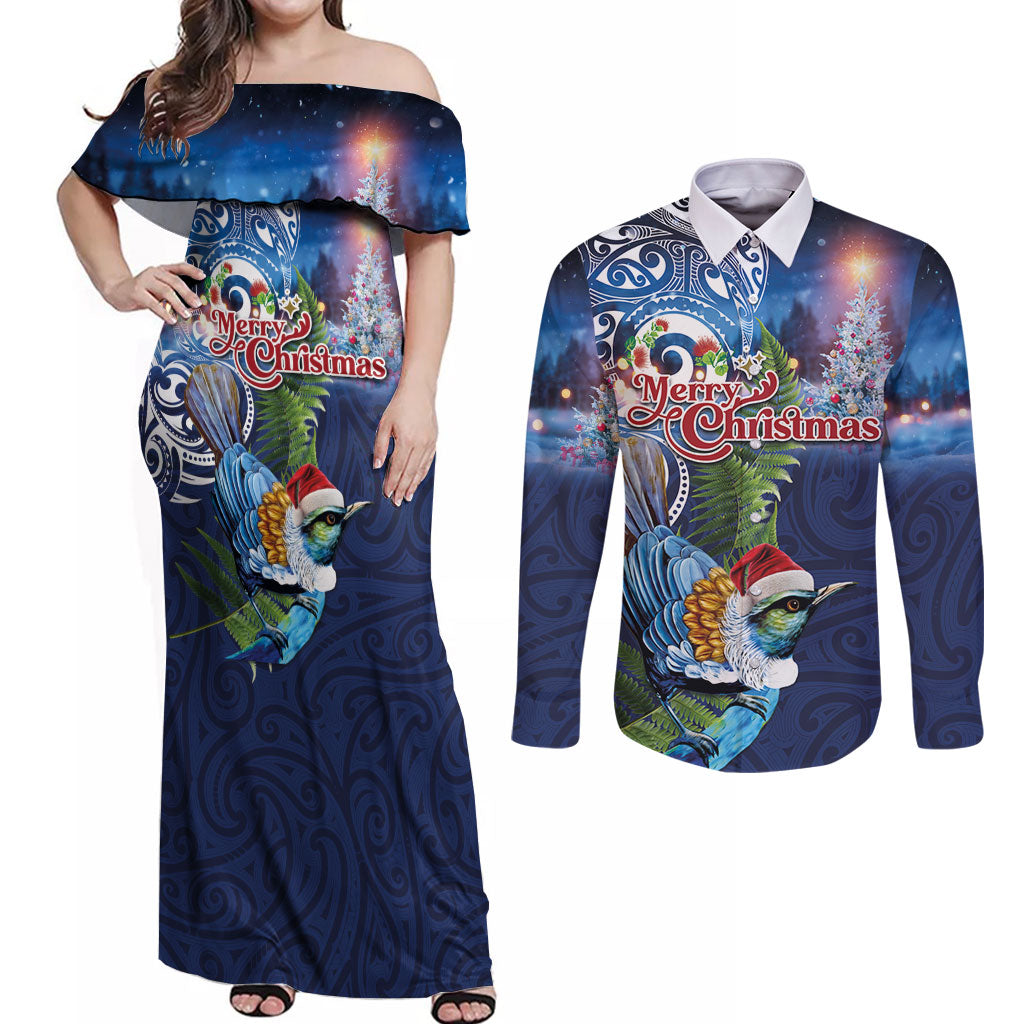 New Zealand Merry Christmas Couples Matching Off Shoulder Maxi Dress and Long Sleeve Button Shirt Maori Tribal Pattern with Xmas Tui Bird LT03 Multicolor - Polynesian Pride