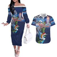 New Zealand Merry Christmas Couples Matching Off The Shoulder Long Sleeve Dress and Hawaiian Shirt Maori Tribal Pattern with Xmas Tui Bird LT03 Multicolor - Polynesian Pride