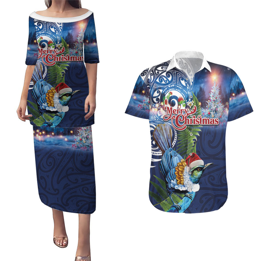 New Zealand Merry Christmas Couples Matching Puletasi and Hawaiian Shirt Maori Tribal Pattern with Xmas Tui Bird LT03 Multicolor - Polynesian Pride