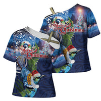 New Zealand Merry Christmas Cross Shoulder Shirt Maori Tribal Pattern with Xmas Tui Bird LT03 - Polynesian Pride