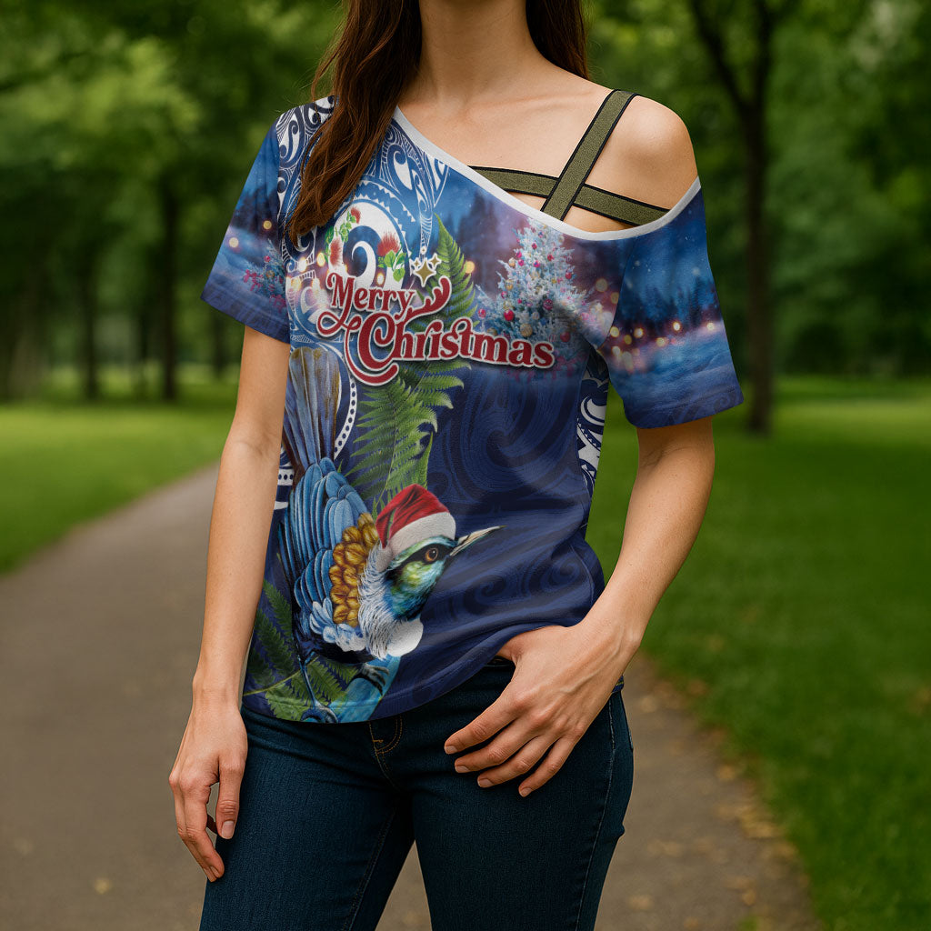 New Zealand Merry Christmas Cross Shoulder Shirt Maori Tribal Pattern with Xmas Tui Bird LT03 - Polynesian Pride