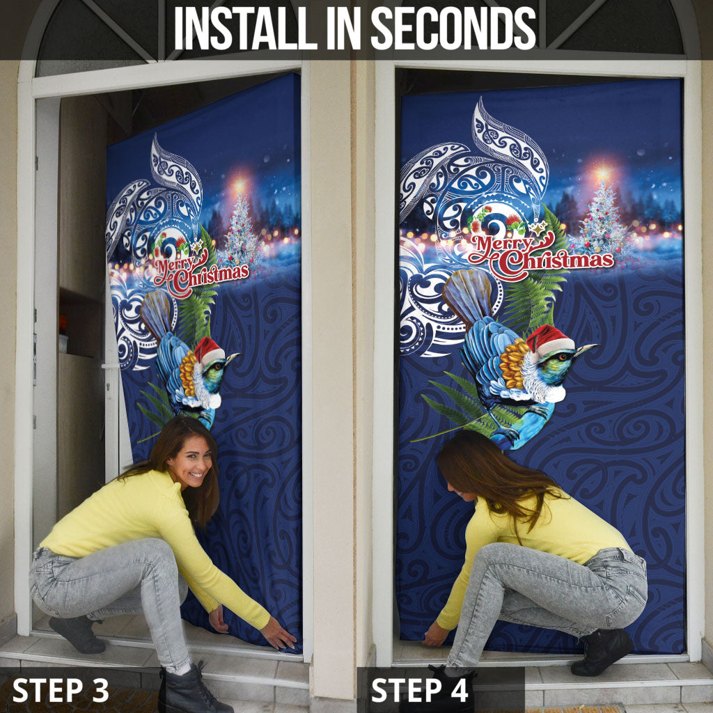 New Zealand Merry Christmas Door Cover Maori Tribal Pattern with Xmas Tui Bird LT03 - Polynesian Pride