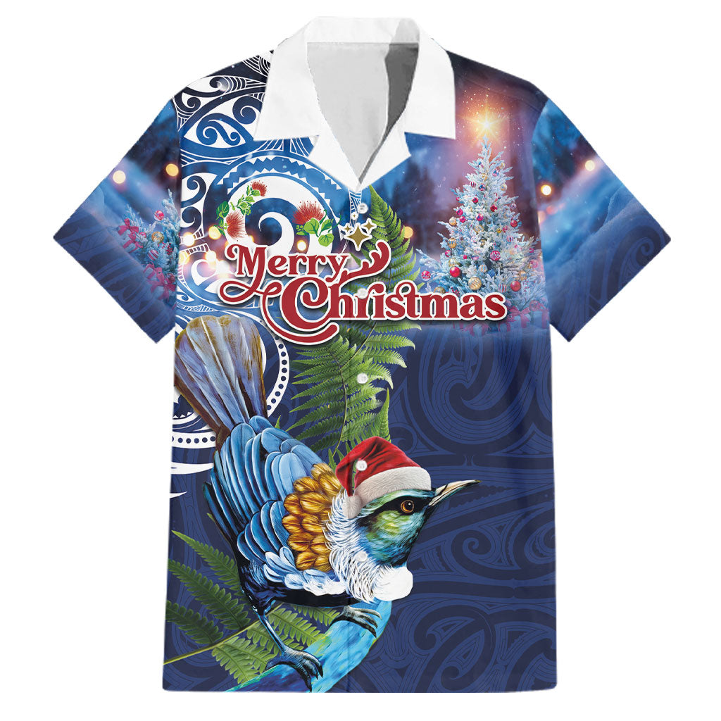 New Zealand Merry Christmas Family Matching Long Sleeve Bodycon Dress and Hawaiian Shirt Maori Tribal Pattern with Xmas Tui Bird LT03 Dad's Shirt - Short Sleeve Multicolor - Polynesian Pride