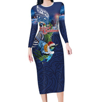 New Zealand Merry Christmas Family Matching Long Sleeve Bodycon Dress and Hawaiian Shirt Maori Tribal Pattern with Xmas Tui Bird LT03 Mom's Dress Multicolor - Polynesian Pride