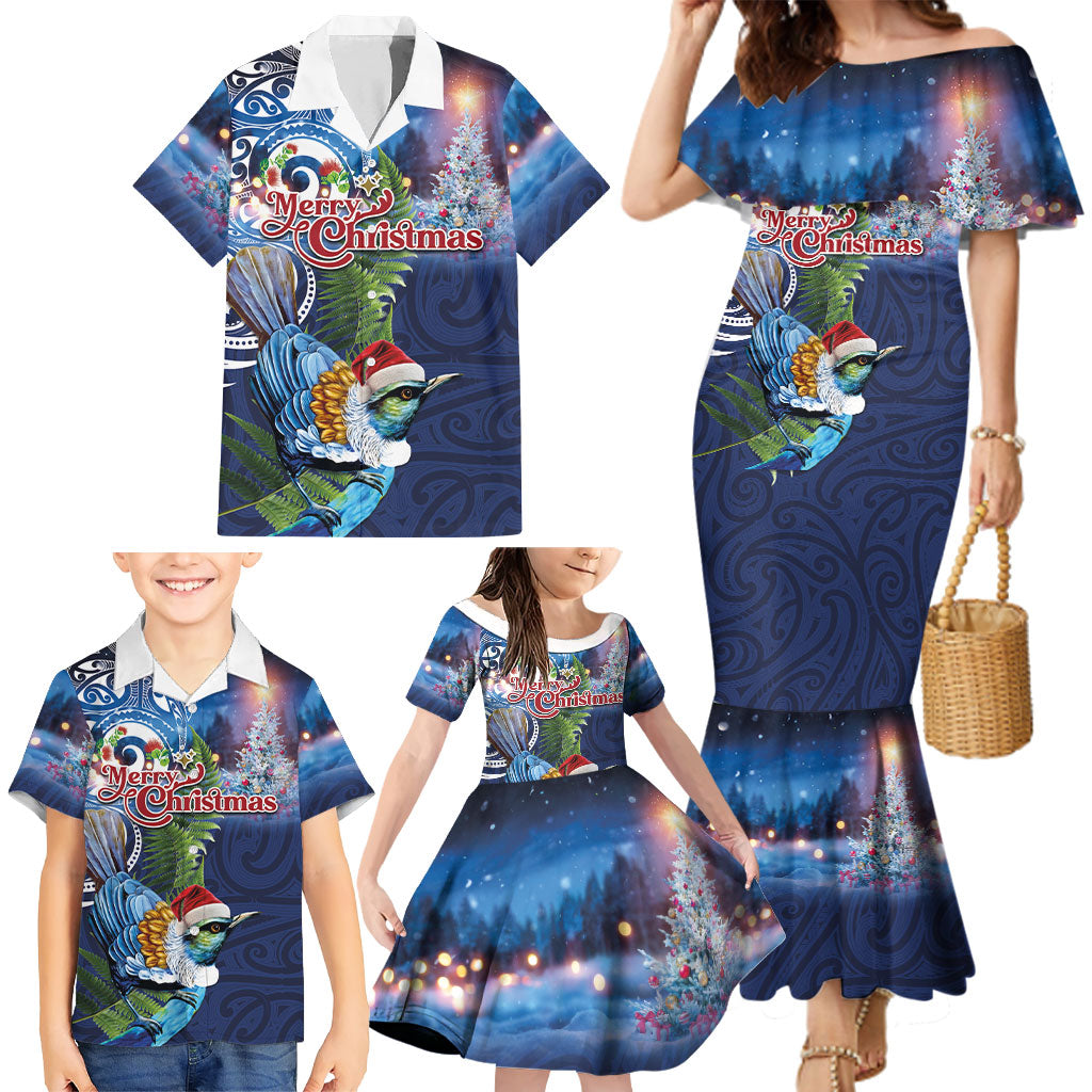 New Zealand Merry Christmas Family Matching Mermaid Dress and Hawaiian Shirt Maori Tribal Pattern with Xmas Tui Bird LT03 - Polynesian Pride