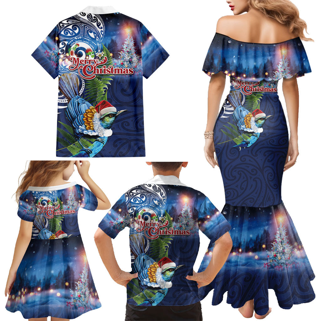 New Zealand Merry Christmas Family Matching Mermaid Dress and Hawaiian Shirt Maori Tribal Pattern with Xmas Tui Bird LT03 - Polynesian Pride
