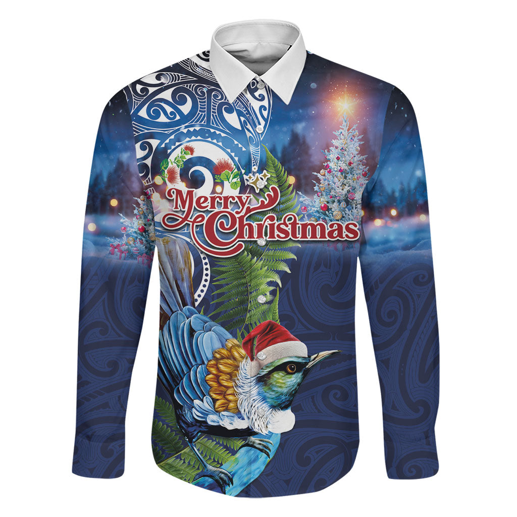 New Zealand Merry Christmas Family Matching Off Shoulder Maxi Dress and Hawaiian Shirt Maori Tribal Pattern with Xmas Tui Bird LT03 Dad's Shirt - Long Sleeve Multicolor - Polynesian Pride