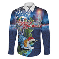 New Zealand Merry Christmas Family Matching Off Shoulder Short Dress and Hawaiian Shirt Maori Tribal Pattern with Xmas Tui Bird LT03 Dad's Shirt - Long Sleeve Multicolor - Polynesian Pride