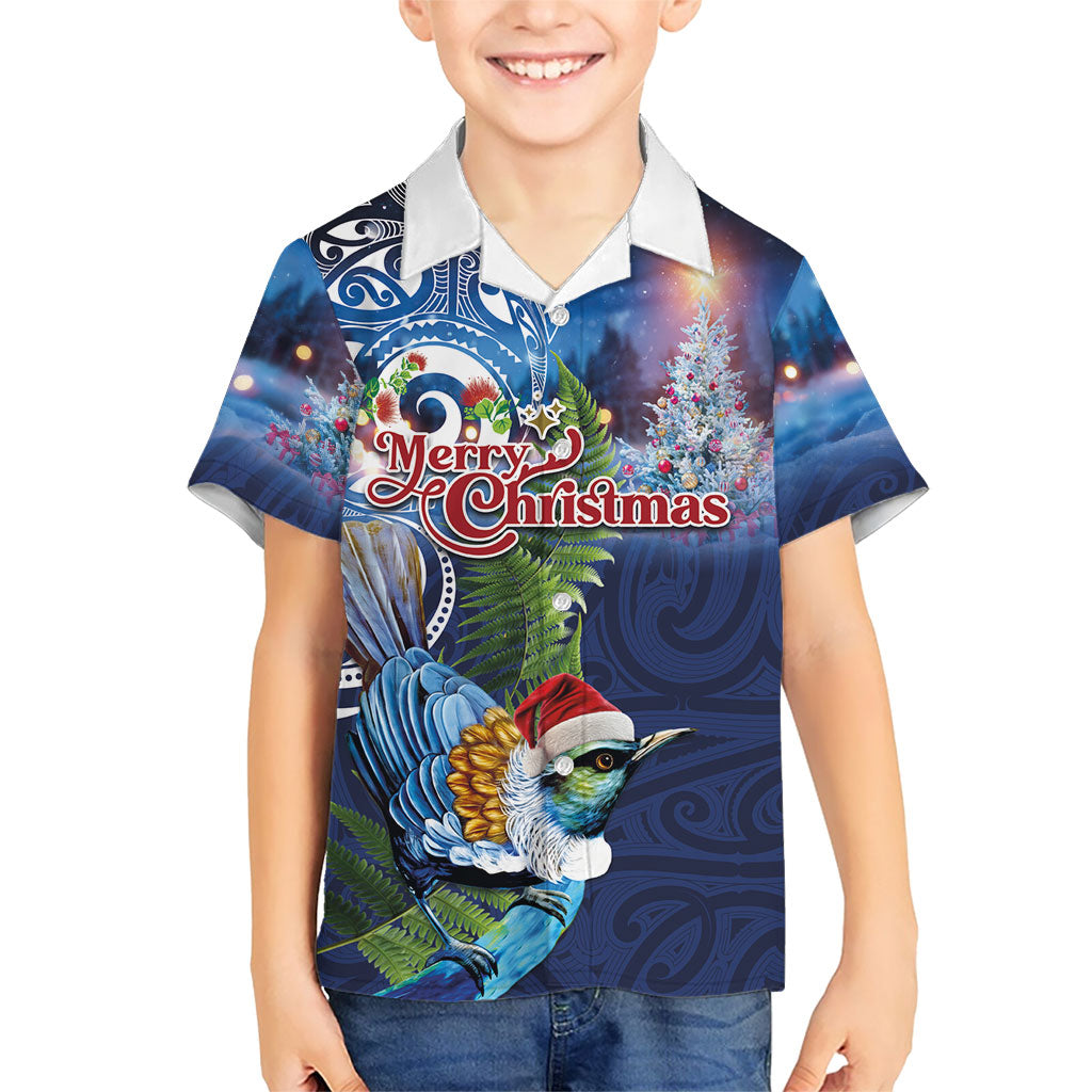 New Zealand Merry Christmas Family Matching Off Shoulder Short Dress and Hawaiian Shirt Maori Tribal Pattern with Xmas Tui Bird LT03 Son's Shirt Multicolor - Polynesian Pride