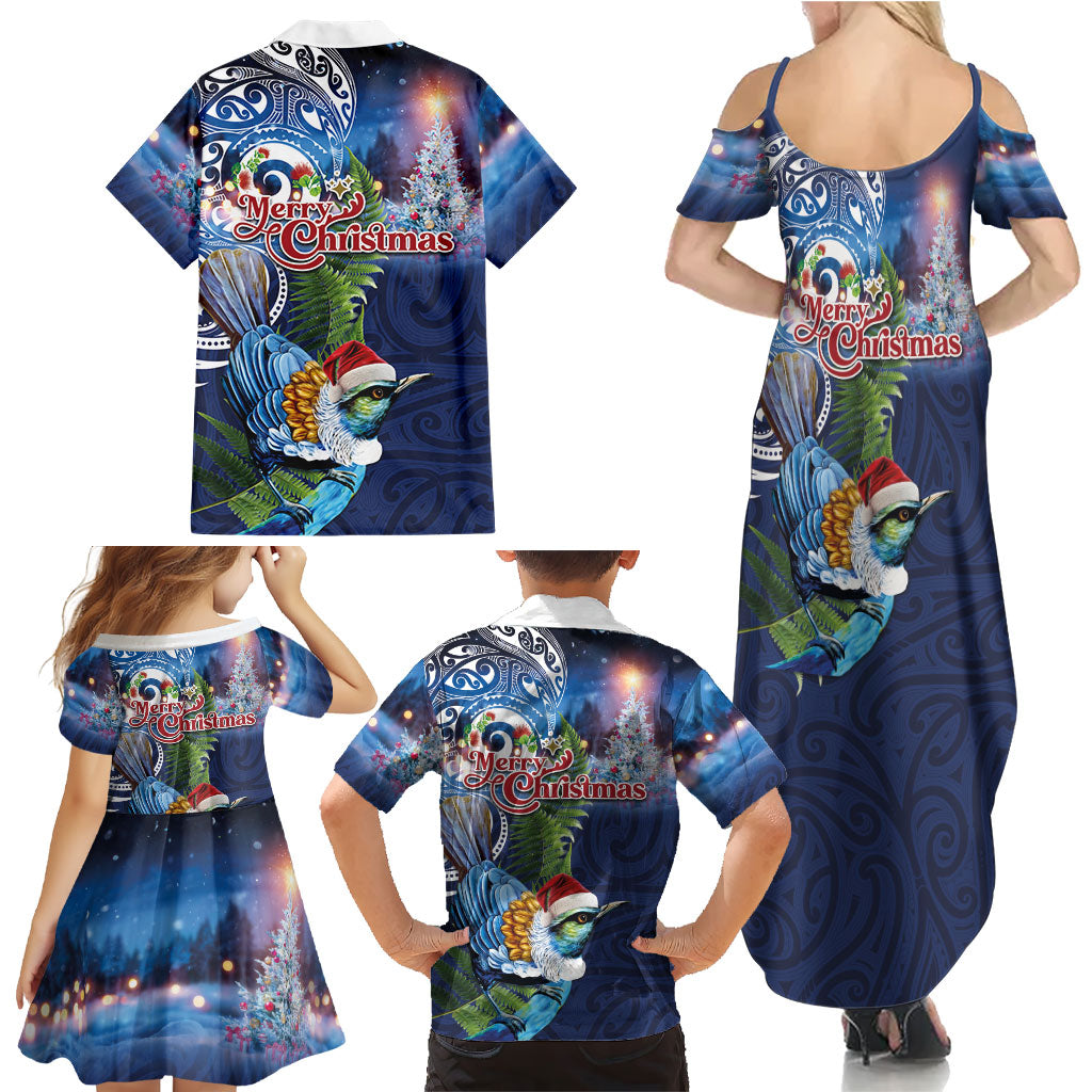 New Zealand Merry Christmas Family Matching Summer Maxi Dress and Hawaiian Shirt Maori Tribal Pattern with Xmas Tui Bird LT03 - Polynesian Pride
