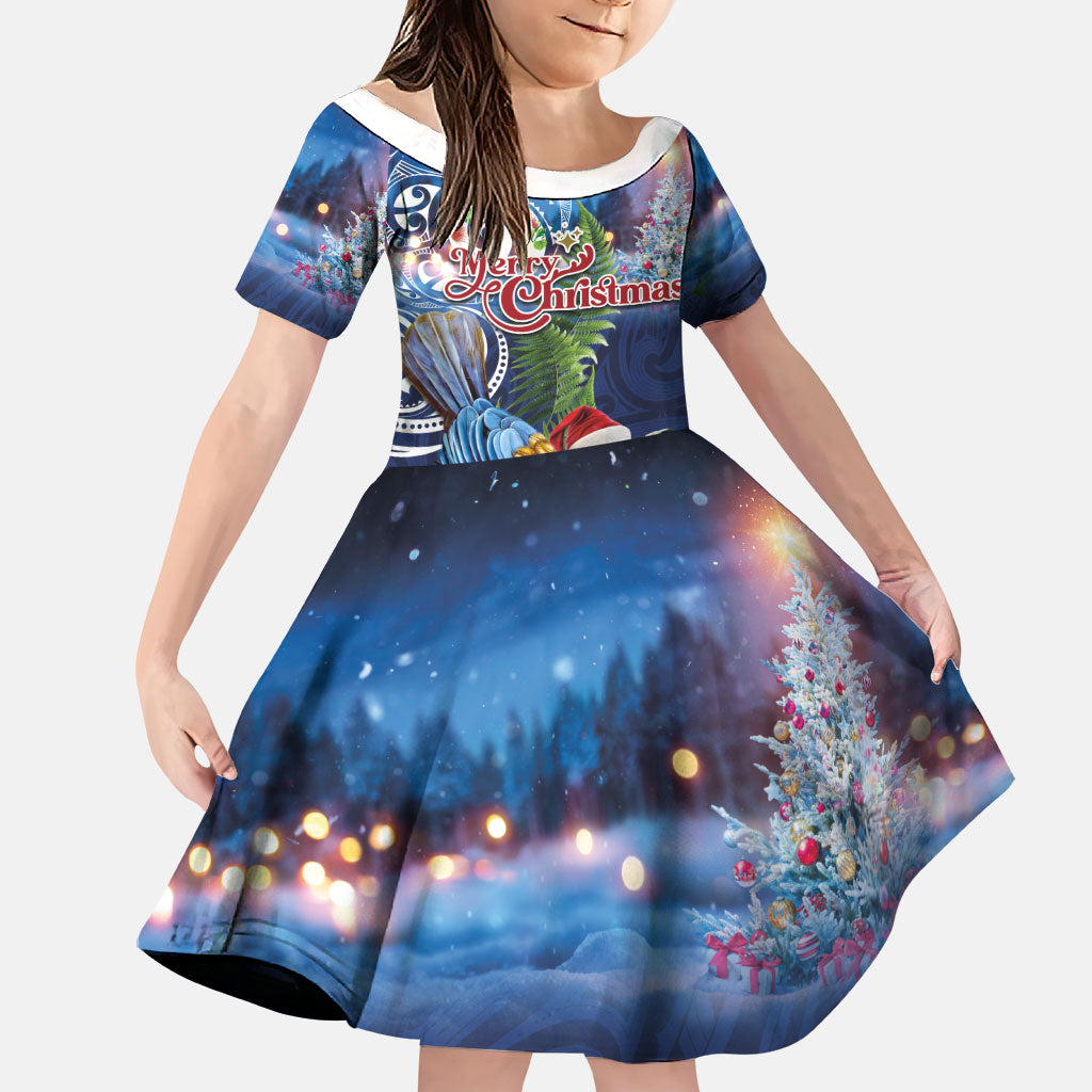 New Zealand Merry Christmas Family Matching Tank Maxi Dress and Hawaiian Shirt Maori Tribal Pattern with Xmas Tui Bird LT03 Daughter's Dress Multicolor - Polynesian Pride