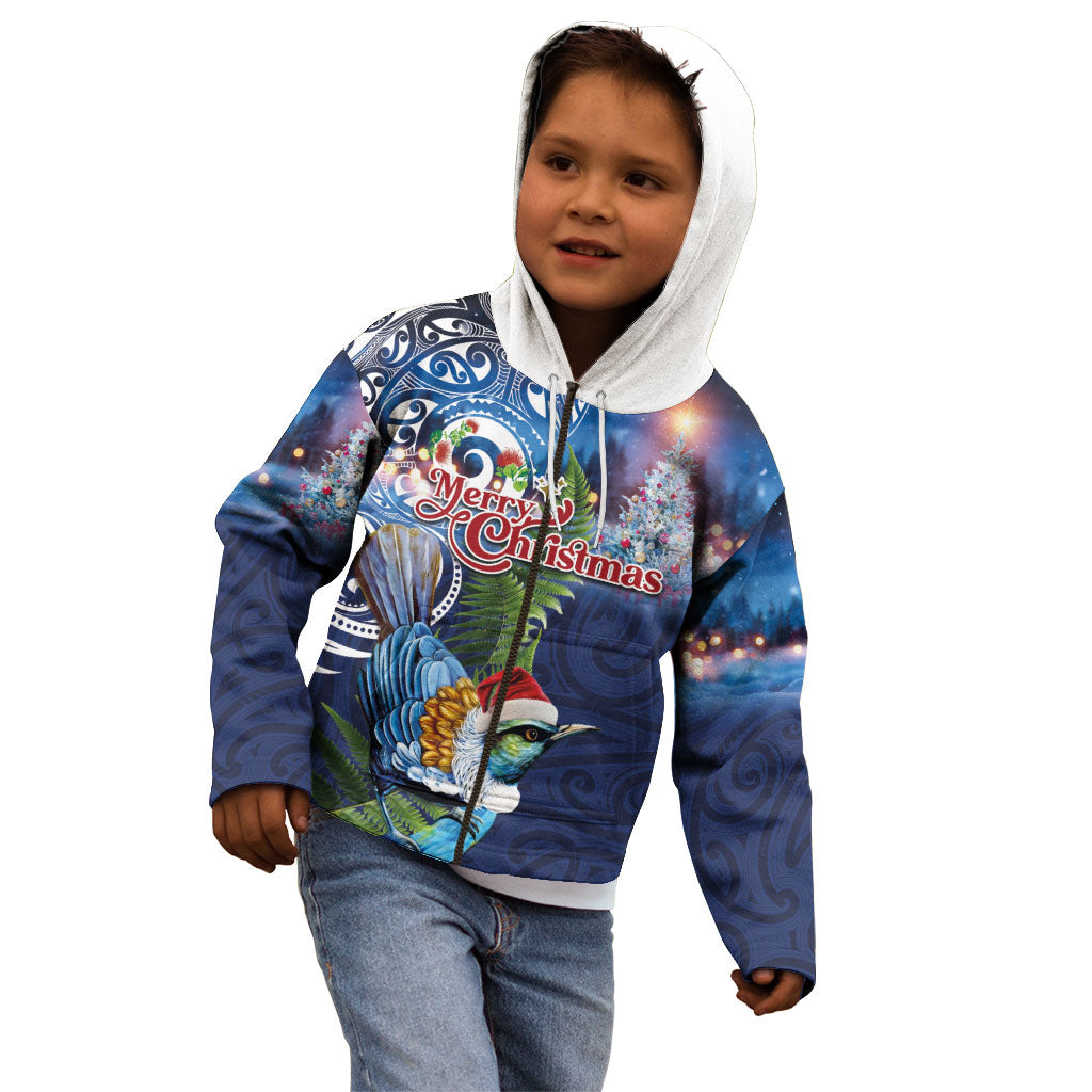New Zealand Merry Christmas Kid Hoodie Maori Tribal Pattern with Xmas Tui Bird LT03 - Polynesian Pride