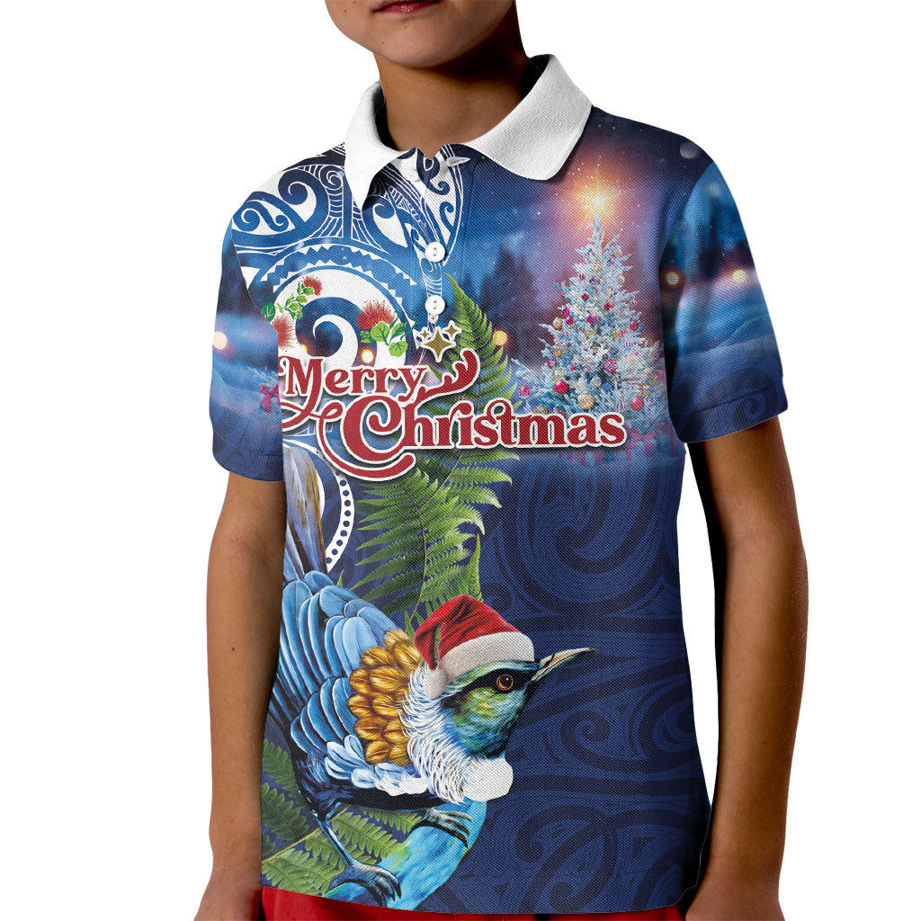 New Zealand Merry Christmas Kid Polo Shirt Maori Tribal Pattern with Xmas Tui Bird LT03 Kid Multicolor - Polynesian Pride