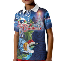 New Zealand Merry Christmas Kid Polo Shirt Maori Tribal Pattern with Xmas Tui Bird LT03 Kid Multicolor - Polynesian Pride