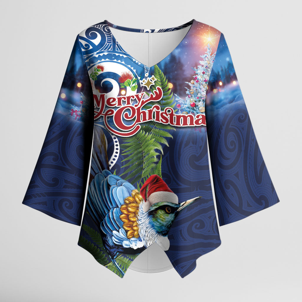 New Zealand Merry Christmas Kimono Sleeve Blouse Maori Tribal Pattern with Xmas Tui Bird LT03 Female Multicolor - Polynesian Pride