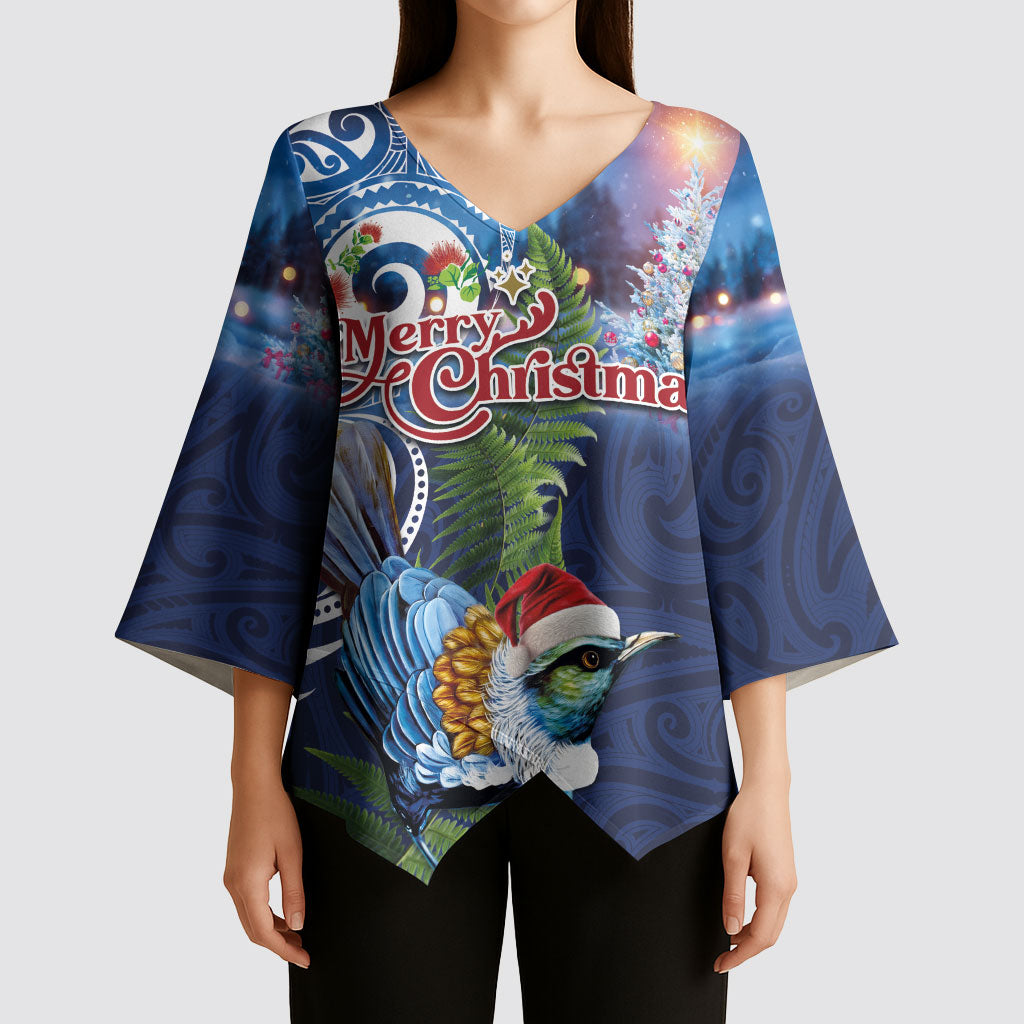 New Zealand Merry Christmas Kimono Sleeve Blouse Maori Tribal Pattern with Xmas Tui Bird LT03 - Polynesian Pride
