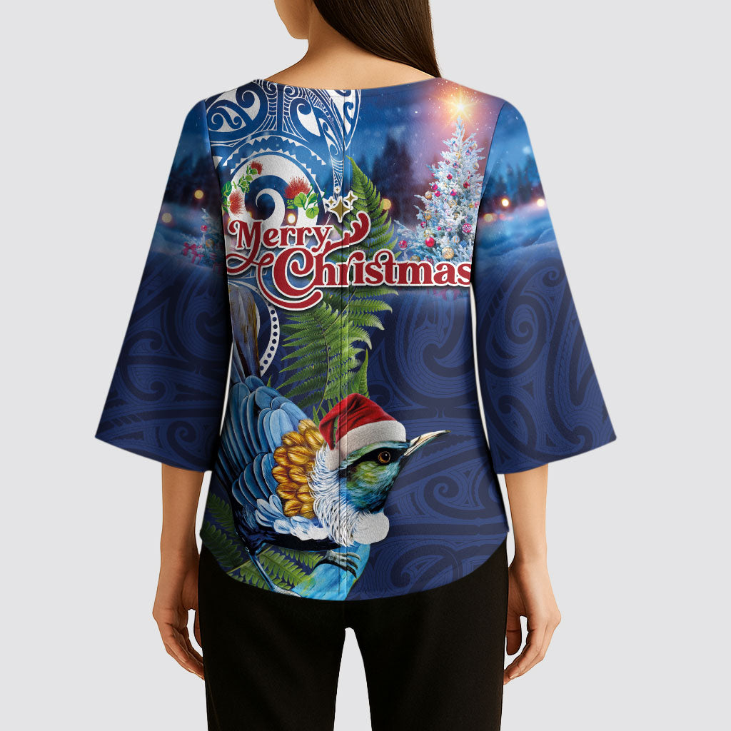 New Zealand Merry Christmas Kimono Sleeve Blouse Maori Tribal Pattern with Xmas Tui Bird LT03 - Polynesian Pride