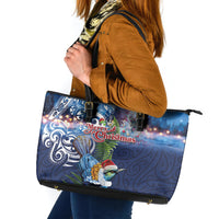 New Zealand Merry Christmas Leather Tote Bag Maori Tribal Pattern with Xmas Tui Bird LT03 Multicolor - Polynesian Pride