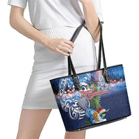 New Zealand Merry Christmas Leather Tote Bag Maori Tribal Pattern with Xmas Tui Bird LT03 - Polynesian Pride