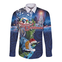 New Zealand Merry Christmas Long Sleeve Button Shirt Maori Tribal Pattern with Xmas Tui Bird LT03 Unisex Multicolor - Polynesian Pride
