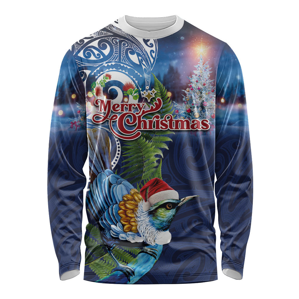New Zealand Merry Christmas Long Sleeve Shirt Maori Tribal Pattern with Xmas Tui Bird LT03 Unisex Multicolor - Polynesian Pride