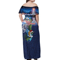 New Zealand Merry Christmas Off Shoulder Maxi Dress Maori Tribal Pattern with Xmas Tui Bird LT03 - Polynesian Pride