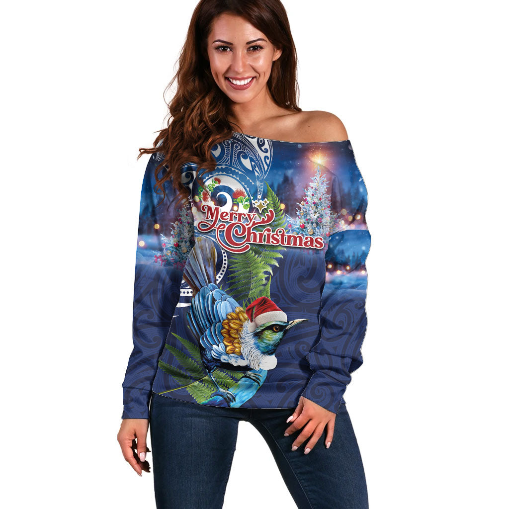 New Zealand Merry Christmas Off Shoulder Sweater Maori Tribal Pattern with Xmas Tui Bird LT03 Women Multicolor - Polynesian Pride