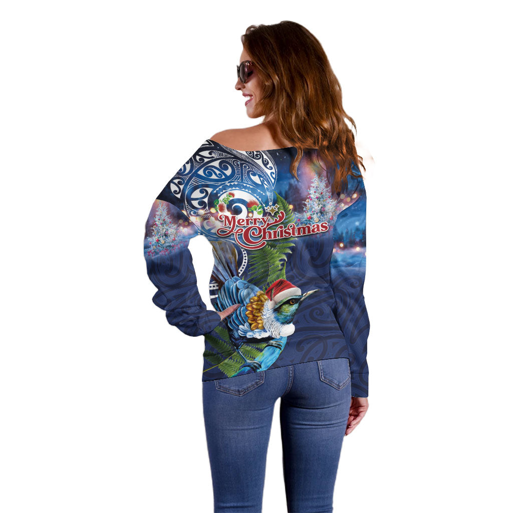 New Zealand Merry Christmas Off Shoulder Sweater Maori Tribal Pattern with Xmas Tui Bird LT03 - Polynesian Pride