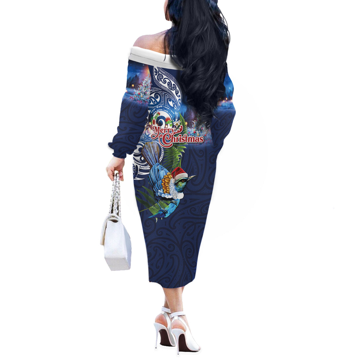 New Zealand Merry Christmas Off The Shoulder Long Sleeve Dress Maori Tribal Pattern with Xmas Tui Bird LT03 - Polynesian Pride