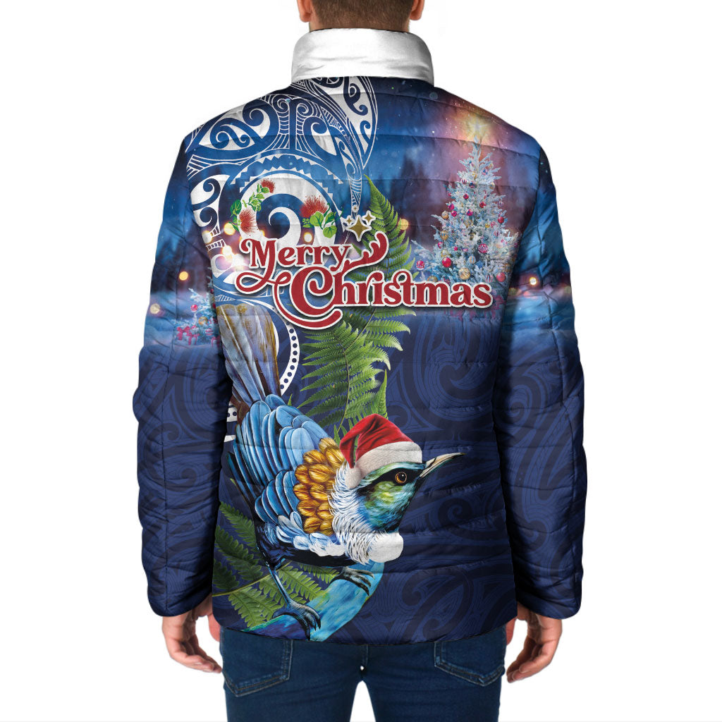 New Zealand Merry Christmas Padded Jacket Maori Tribal Pattern with Xmas Tui Bird