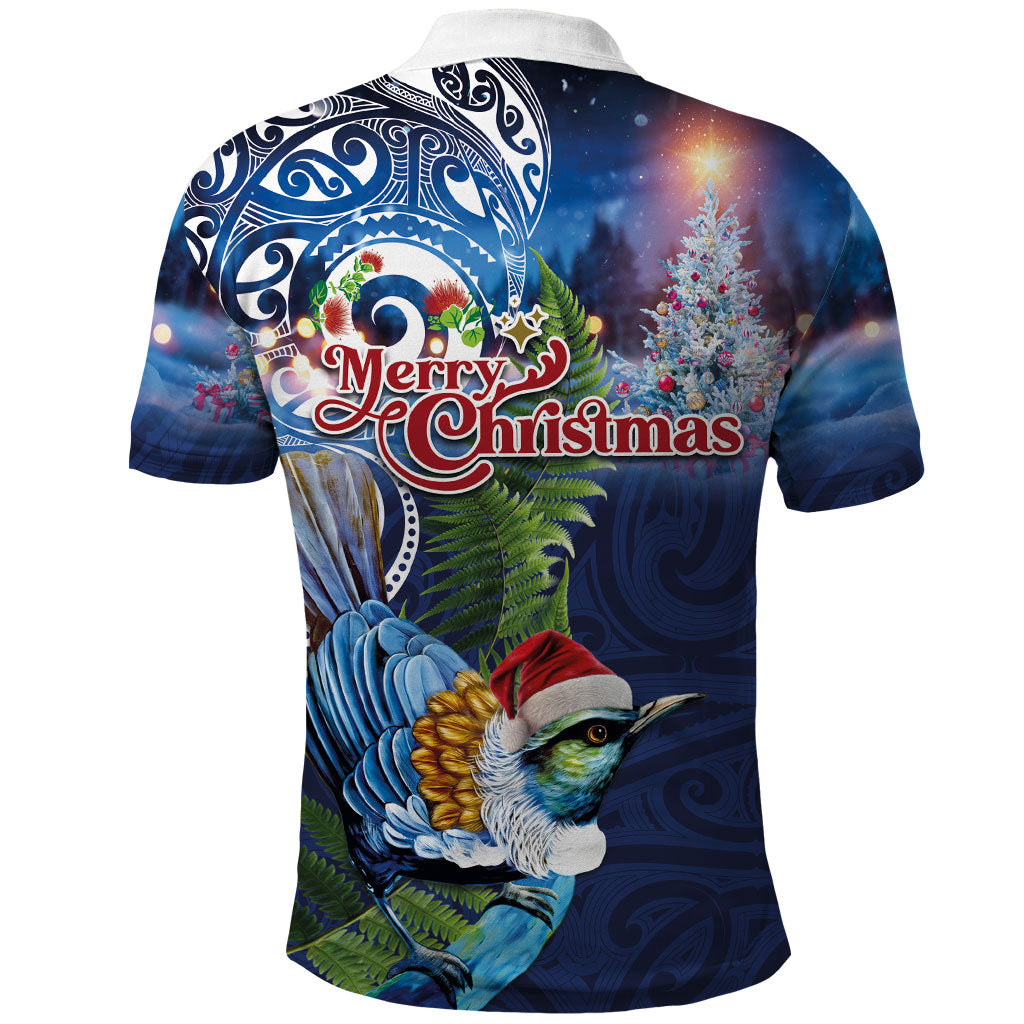 New Zealand Merry Christmas Polo Shirt Maori Tribal Pattern with Xmas Tui Bird LT03 - Polynesian Pride