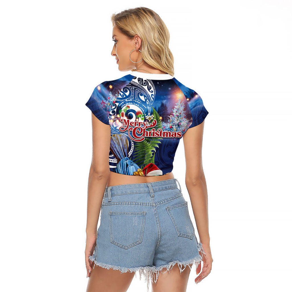 New Zealand Merry Christmas Raglan Cropped T Shirt Maori Tribal Pattern with Xmas Tui Bird LT03 - Polynesian Pride