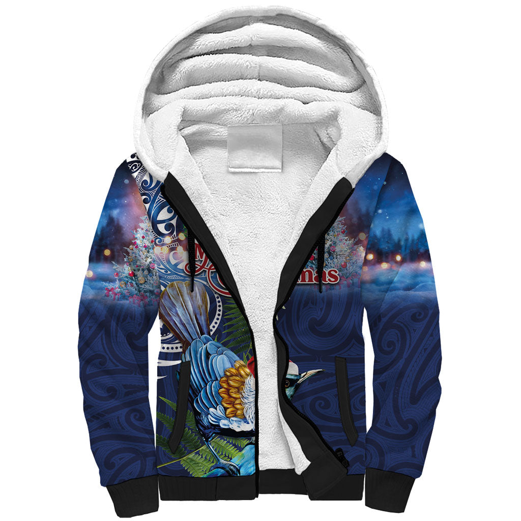 New Zealand Merry Christmas Sherpa Hoodie Maori Tribal Pattern with Xmas Tui Bird LT03 Unisex Multicolor - Polynesian Pride