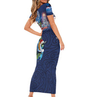 New Zealand Merry Christmas Short Sleeve Bodycon Dress Maori Tribal Pattern with Xmas Tui Bird LT03 - Polynesian Pride