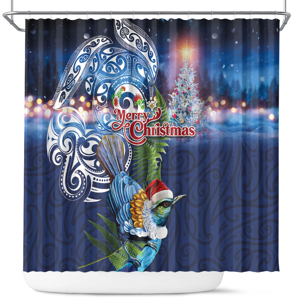 New Zealand Merry Christmas Shower Curtain Maori Tribal Pattern with Xmas Tui Bird LT03 Multicolor - Polynesian Pride