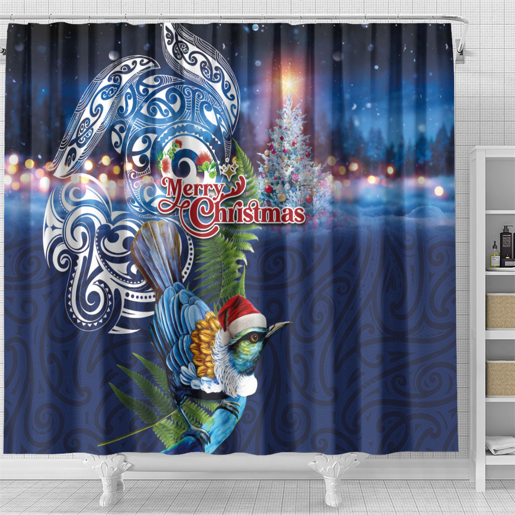 New Zealand Merry Christmas Shower Curtain Maori Tribal Pattern with Xmas Tui Bird LT03 - Polynesian Pride