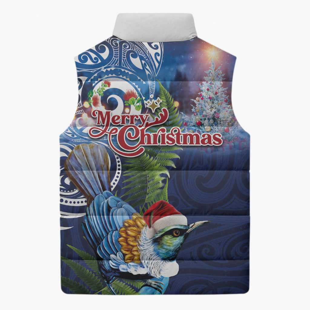 New Zealand Merry Christmas Sleeveless Puffer Jacket Maori Tribal Pattern with Xmas Tui Bird LT03 - Polynesian Pride