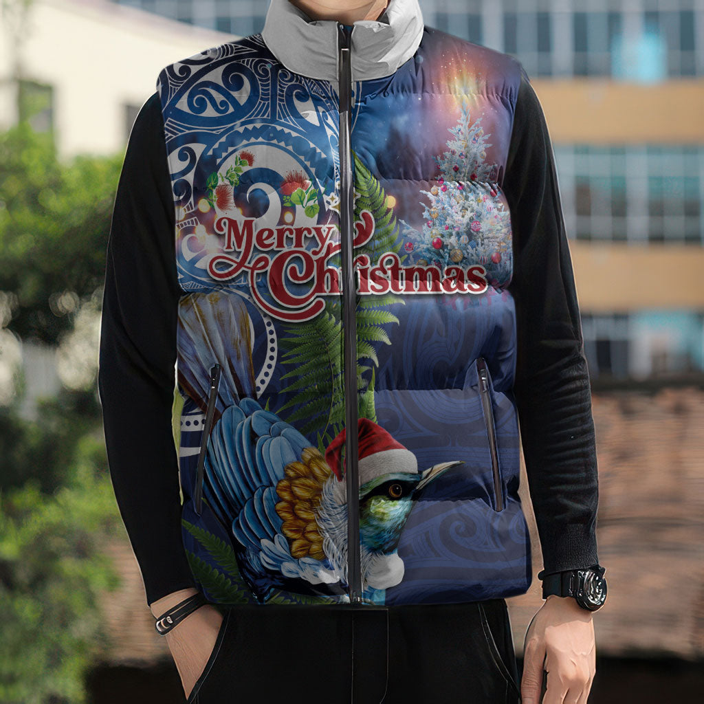 New Zealand Merry Christmas Sleeveless Puffer Jacket Maori Tribal Pattern with Xmas Tui Bird LT03 - Polynesian Pride