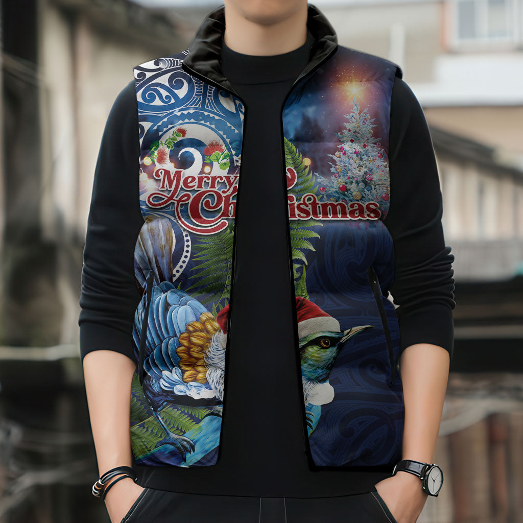 New Zealand Merry Christmas Sleeveless Puffer Jacket Maori Tribal Pattern with Xmas Tui Bird LT03 - Polynesian Pride