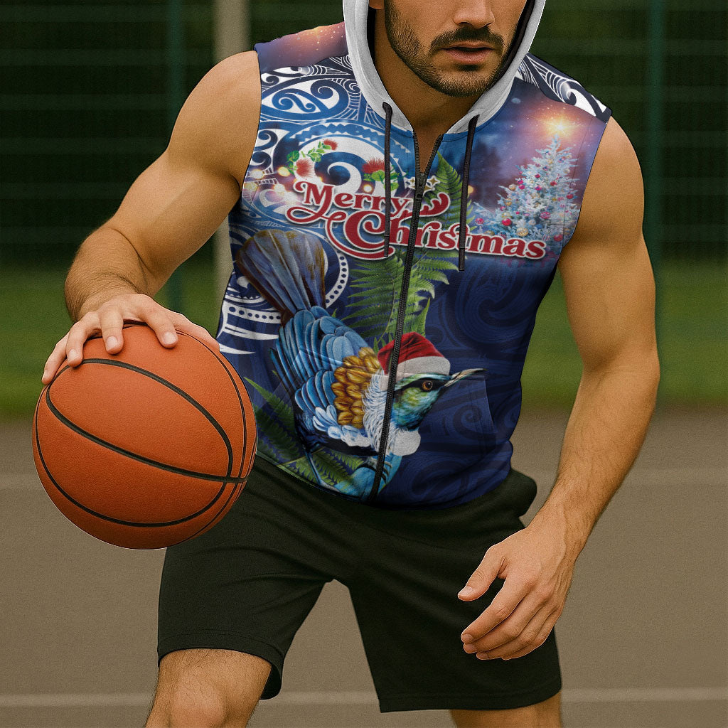 New Zealand Merry Christmas Sleeveless Zip Hoodie Maori Tribal Pattern with Xmas Tui Bird LT03 - Polynesian Pride
