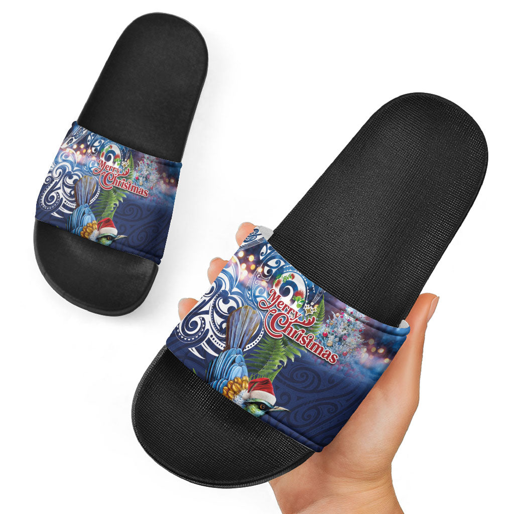 New Zealand Merry Christmas Slide Sandals Maori Tribal Pattern with Xmas Tui Bird LT03 - Polynesian Pride