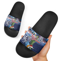 New Zealand Merry Christmas Slide Sandals Maori Tribal Pattern with Xmas Tui Bird LT03 - Polynesian Pride