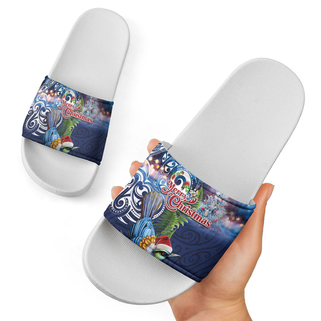 New Zealand Merry Christmas Slide Sandals Maori Tribal Pattern with Xmas Tui Bird LT03 - Polynesian Pride