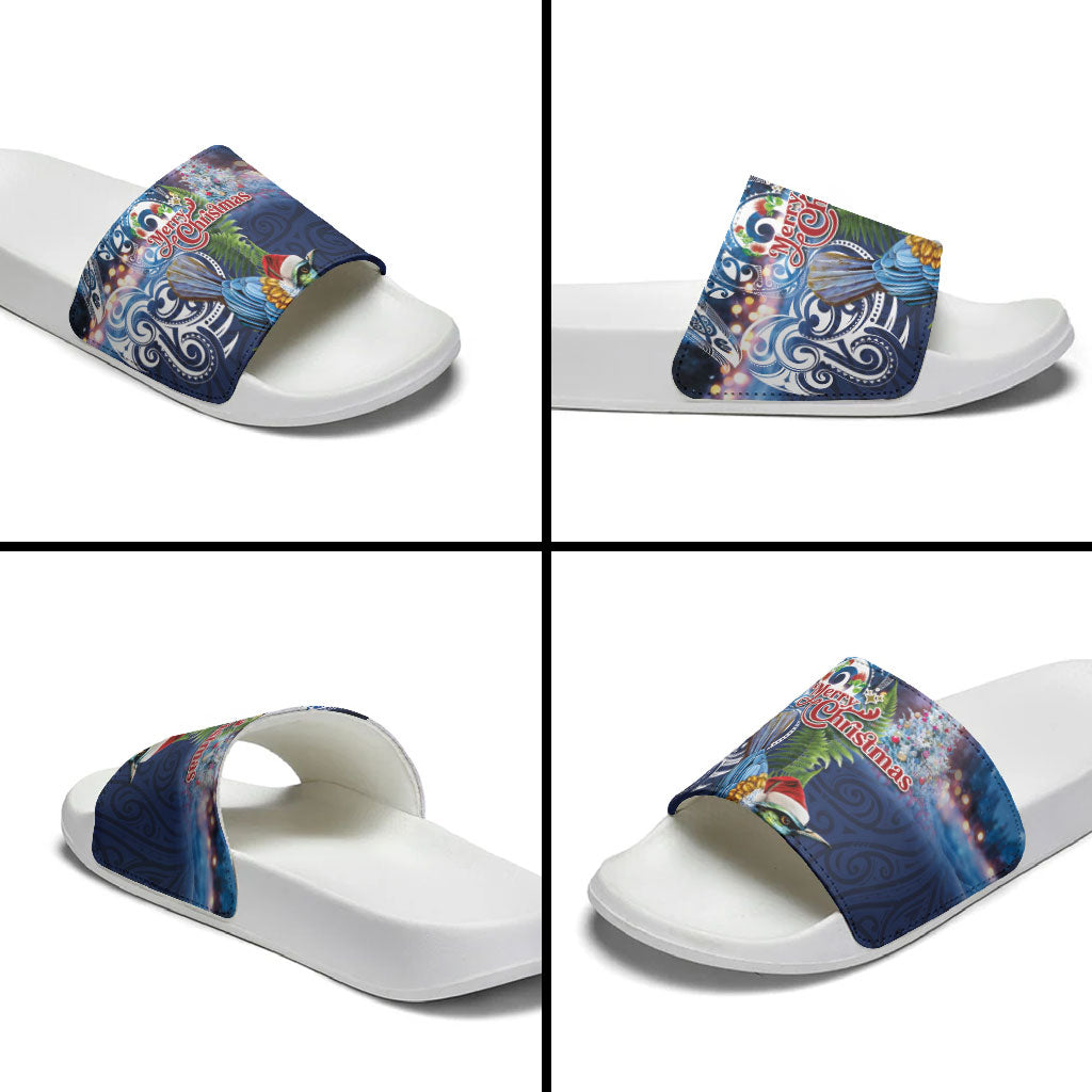 New Zealand Merry Christmas Slide Sandals Maori Tribal Pattern with Xmas Tui Bird LT03 - Polynesian Pride