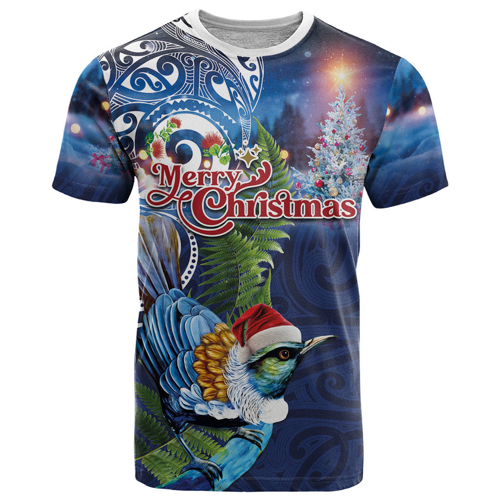 New Zealand Merry Christmas T Shirt Maori Tribal Pattern with Xmas Tui Bird LT03 Multicolor - Polynesian Pride