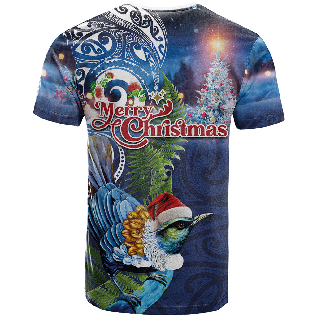 New Zealand Merry Christmas T Shirt Maori Tribal Pattern with Xmas Tui Bird LT03 - Polynesian Pride