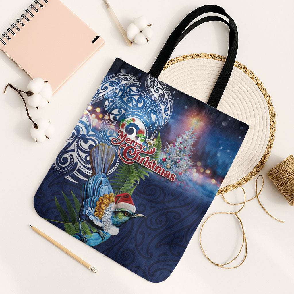 New Zealand Merry Christmas Tote Bag Maori Tribal Pattern with Xmas Tui Bird LT03 Black Strap One Size Multicolor - Polynesian Pride